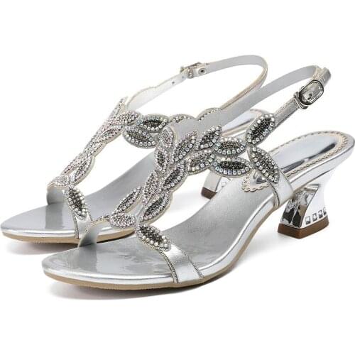 Mid Heels Crystals Wedding Sandals Open Toe Back Buckle Strap Low Heels Prom Evening Party Dress Ladies Summer Sandals