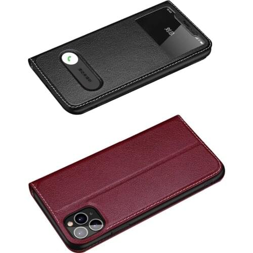 YXAYN 100% real leather perspective window clamshell design for iPhone 11 Pro max 7 8plus X XR XS phone case