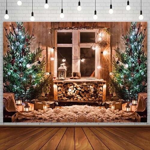 Winter Christmas Tree Backdrop Window Fireplace Snow Wood Floor Light Lantern Photography Background Photostudio Photozone Props