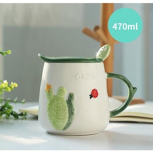 HOMIE New Nordic Style Cactus Mug Milk Coffee Ceramic Mug Children Cup Office Gifts Travel Mug Heat-resistant Cup with Lid Spoon
