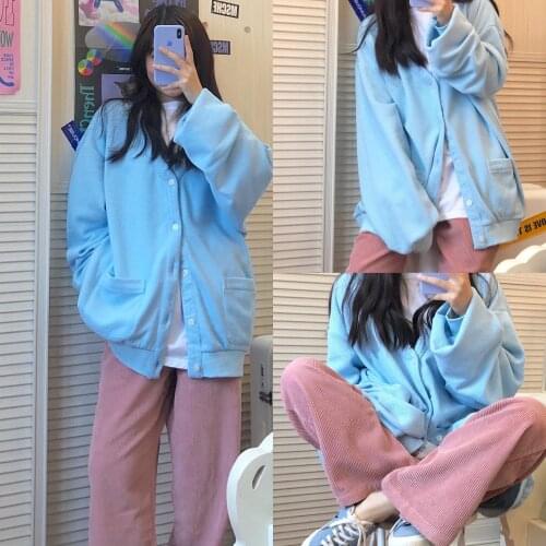 Cardigan Jackets Womens Spring Autumn New V-Neck Tops Cotton Loose Korean Style Ins Retro Casual White Milk Blue Outer Wear