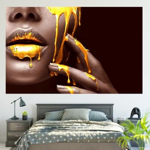 African Woman Sexy Golden Lips Canvas Painting Nordic Modern Wall Art Fashion Posters and Prints Home Decor Bedroom Living Room
