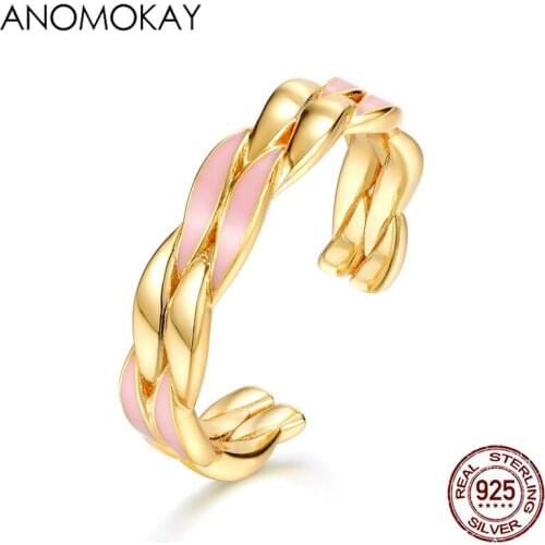 Anomokay Simple Fashion Pink Enamel Gold Color Rings 925 Sterling Silver Geometric Ring for Women Girl Lovers Mom Luxury Jewelry