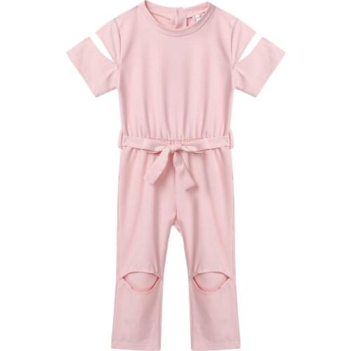 Summer Baby Clothing Kids Girls One-piece Ripped Short Sleeve Holes Romper Jumpsuit With Waistband Children Clothes Girls Outfit