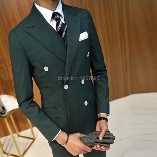 Double Breasted Men Suits Slim Fit for Wedding Prom Costumes Dark Green Groom Tuxedo 3 Piece Male Fashion Jacket with Pants Vest