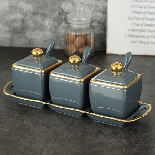 Ceramic Seasoning Pot Set Nordic Kitchen Storage Supplies Green Salt Shaker Oil Bottle Household Seasoning Box Kitchen Supplies