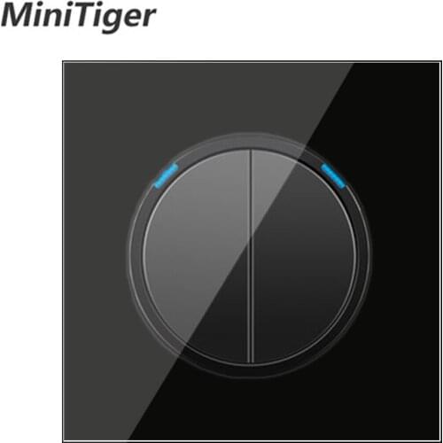 Minitiger 2 Gang 1 Way Random Click On / Off Wall Light Switch With LED Indicator Knight Black Crystal Tempered Glass Panel