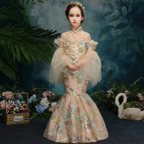 Luxury Children Birthday Party Sequines Mermaid Evening Gown Kids Catwalk Pageant Piano Beautiful Dresses For Girl Vestidos L981