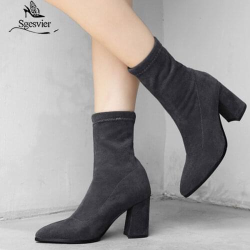 Sgesvier Women Boots Fashion Square High Heel Ankle Boots Pointed Toe Slip On Autumn Winter Platform Ladies Shoes Woman OX936