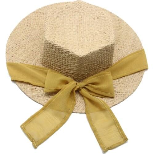Summer hats women big brim solid flat top ribbon band women sun hats handmade straw bowknot sun protection women straw sun hats