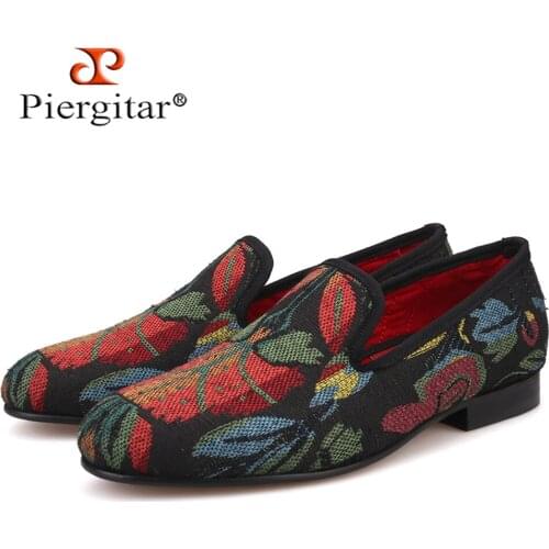 Piergitar mixed colors abstract flowers men shoes handmade mens loafers British style men smoking slipper plus size mens flats