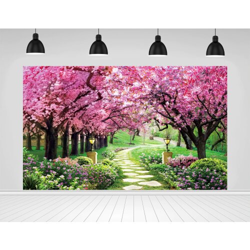 Scopiso Spring Scenery Peach Flowers Blossom Stone Pathway Light Bokeh Interior Home Decro Backdrop Photo Backgrounds Photozone