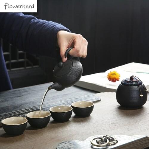 Japanese Ceramic Kung Fu Tea Set Teaware Black Pottery One Teapot Four Teacup Portable Travel Office Tea Set Tea Pot and Cup Set