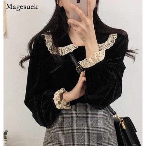 Solid Women Shirt Blouse Peter Pan Collar Lace Ladies Tops Blouse Femme Long Sleeve Plus Size Blouses Women Casual Blusas 11606