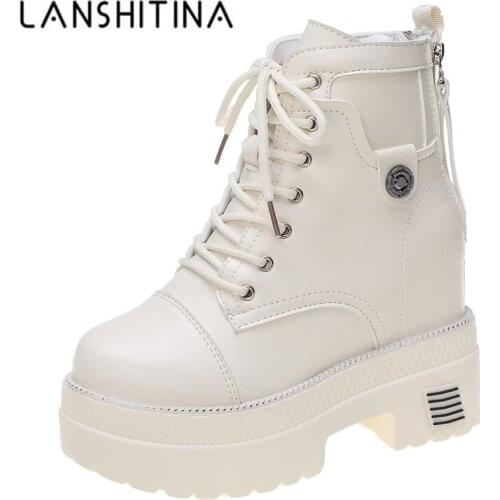 Women High Heels 10CM Thick Heel Ankle Boots Lace Up Black Chunky Boots Autumn Winter Leather Woman Boots Platform Leather Shoes