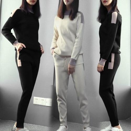 Womens suits winter wool fashion new Home clothing cashmere knit warm Set crew neck sweater + slacks Pants two piece set