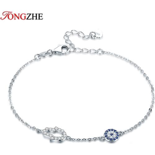 TONGZHE Hamsa Hand Evil Eye Charm Bracelet 925 Sterling Silver Luck Blue CZ Chain Link Bracelets For Women Turkish Jewelry
