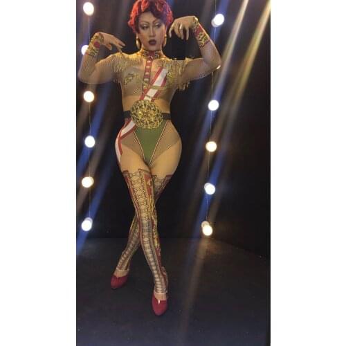 Women New Sexy Jumpsuit Sparkly Crystals Tassels Rompers Nightclub Stage Costumes Sexy Catwalk Bodysuit Celebration DS Show