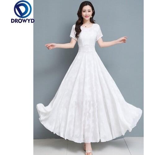 2021 Fashion Long Jacquard Dresses for Women Short Sleeve Round Neck Slim Bohemian Beach Dresses Vestidos White Party Maxi Dress