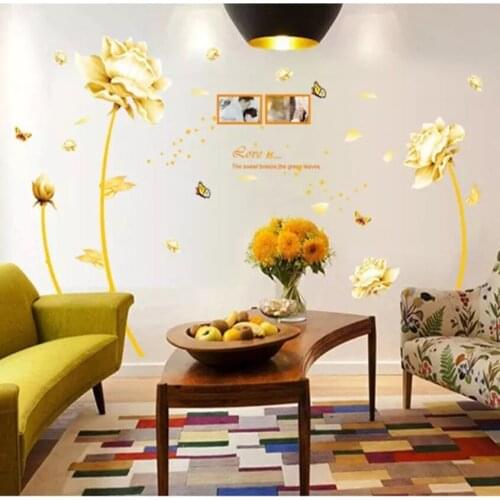 Gold Tulip Wall Sticker 3D Butterflies Flower Sticker Removable Living Room Bedroom Wall Decals Art Home Decor Decoration Poster
