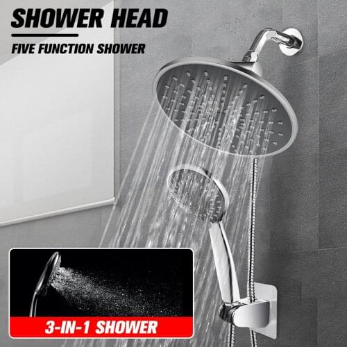 5 Modes Rainfall Shower Head High Pressure Shower Head 3-Way Water Diverter Stainless Steel Hose Set Handheld Showerhead Combo