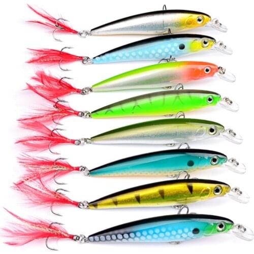 8PCS Topwater Fishing Minnow Fish Bass lure Feather hook baits 11cm/14g