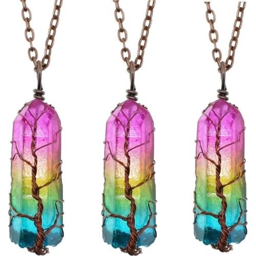 Irregular 7 Chakra Crystal Natural Rainbow Stone Crystal Tree of Life Pendant Necklace Reiki Healing Chakra Jewelry Wholesale