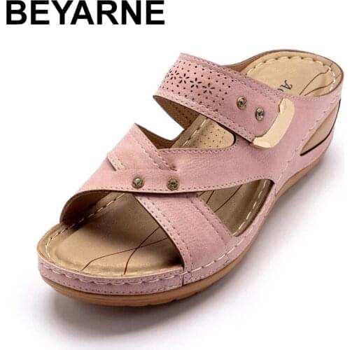 BEYARNE Ladies slippers casual breathable hollow velcro fashion all-match wedge sandals and slippers
