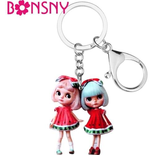 Bonsny Acrylic Sweet Double Twin Girl Key Chains Key Rings Bag Car Purse Decorations Keychains For Women Girl Hot Gift Accessory