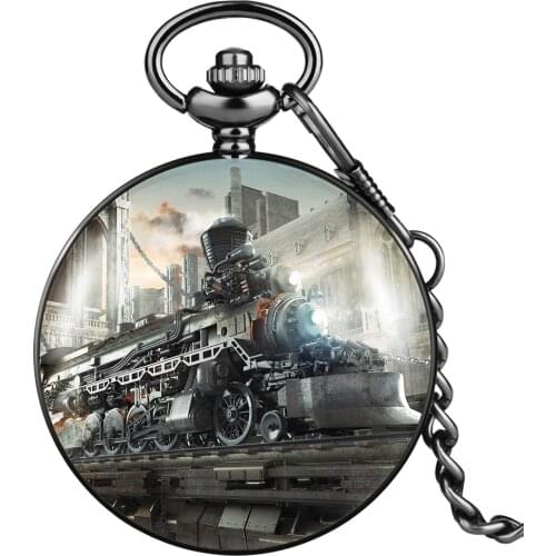 Cool Retro Train Mans Quartz Pocket Watch Classic Arabic Numerals Big Dial Comfortable Thick Chain Pendant Black Cover Gift