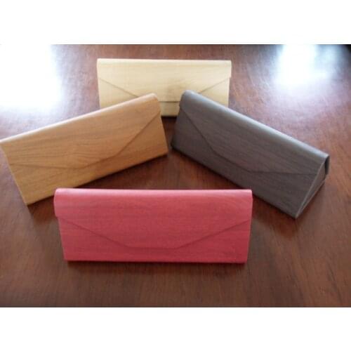 Wooden design PU leather eyeglass triangle foldable magnet case with rubber touch surface