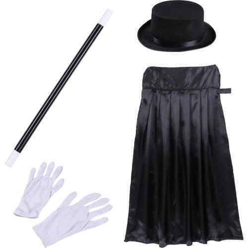 Kids Magician Wizard Cosplay Games Costume Kiddie Boys Halloween Outfit Cape Hat Magic Wand Gloves Set for Role Play Choir Stage