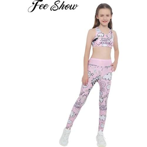 Kids Girls Two Pieces Yoga Gym Sports Ballet Dance Set Dancewear Cartoon Print Sleeveless Crop Tank Tops Shirt Long Pants Suit