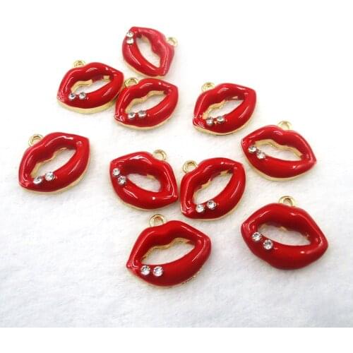 10pcs/set Inlaid rhinestones Epoxy Sexy Red Lips Zinc alloy Charms Pendant Jewelry DIY Handmade Earring Bracelet Fitting XL451
