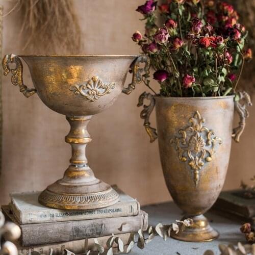 European Classical Goblet Vase Flower Pot Vintage Wrought Iron Vase Furnishing Golden Silver Home Flower Pots Floral Decoration
