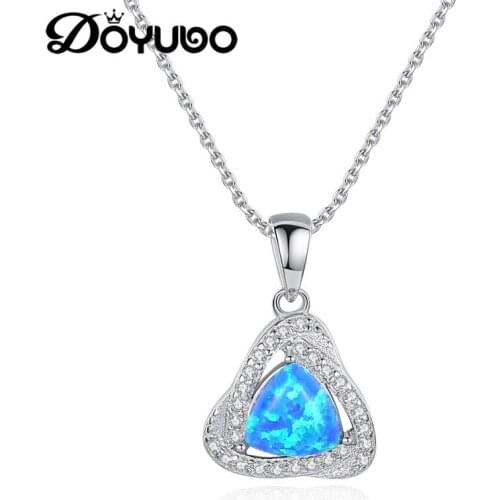DOYUBO Classical Women Real Silver Triangle Opal Charms Necklaces 925 Sterling Silver CZ Pendant Necklaces Wedding Jewelry VA245