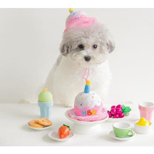 Korean Birthday Cake Hat Dog Toys Plush Chew Cute Pet Dog Toys Bite-Resistant Clean Dog Chew Puppy Training Toys for Small Dogs