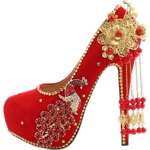 Red Bridal Shoes Super High Heel Wedding Shoes Waterproof Platform Shoes Rhinestones Phoenix Wedding Dress Shoes Bridesmaid