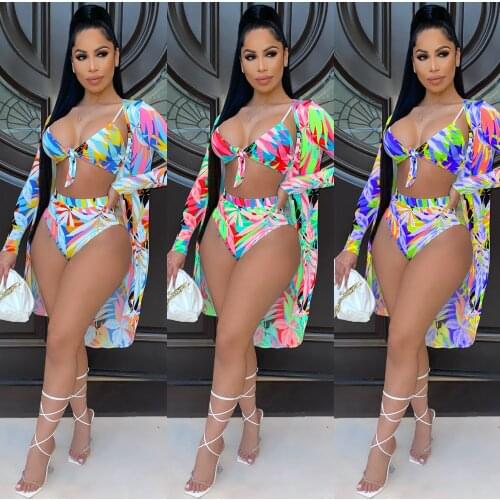 Tropical Print Sexy 3 Piece Swim Suit Set Beach Vacation Outfits Plus Size Swimwear High Waist Bikini Cover Up D29DE46