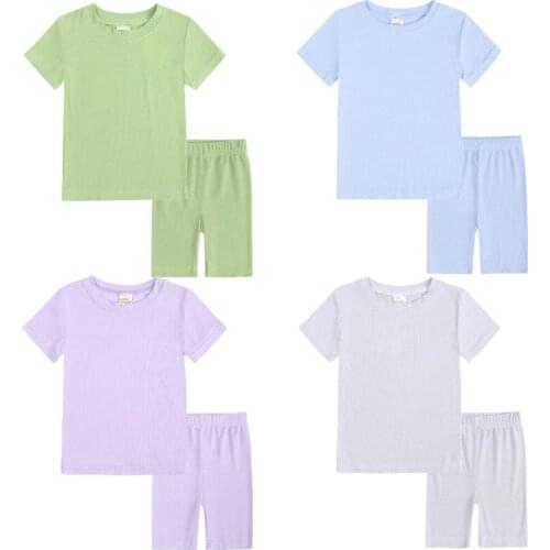 Summer Short Sleeve Pajamas For Girls Solid Color Childrens Clothing Suit Pyjamas Kids Baby Boys Nightwear 12M-8T