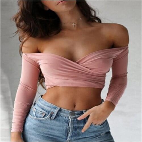 Autumn Sexy Club Off Shoulder Cropped T-Shirts for Women Ladies Casual Long Sleeve V-Neck T-Shirt Crop Tops regata feminina