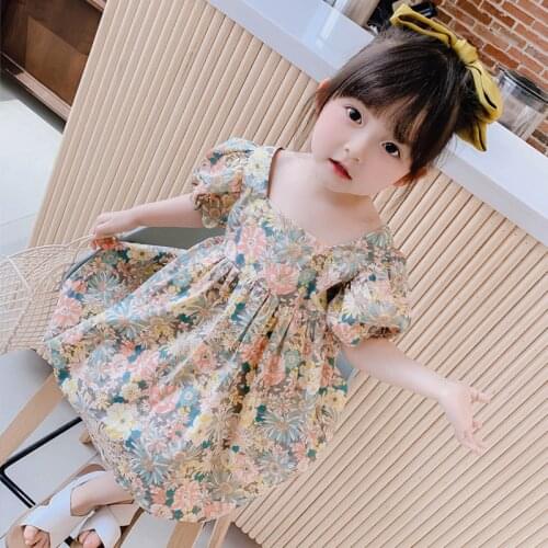 Girls floral backless dress 2020 summer new childrens clothing palace style puff sleeve dress WT27