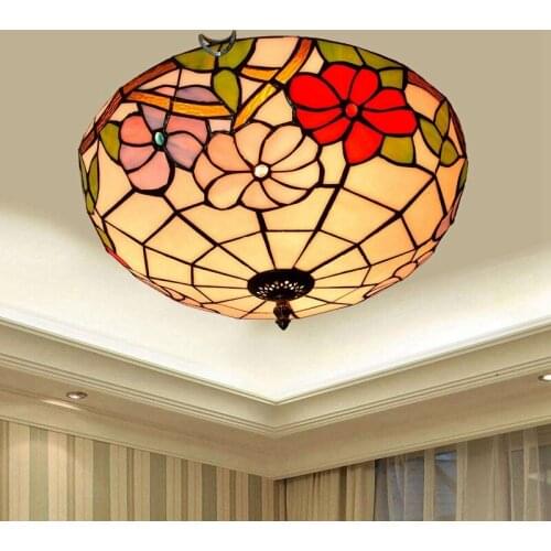 European-Style Festive Red Vintage Tiffany Multi-Color Glass Corridor Balcony Lobby Bedroom Ceiling Lamp 40cm
