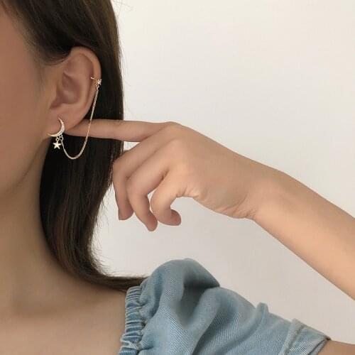 Simple Moon Star Rhinestone Long Chain Earrings For Women Shine Sun Crescent Geometric Tassel Piercing Earring Party Jewelry