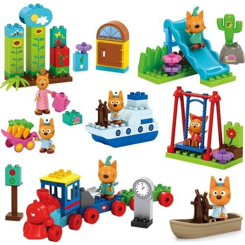 Genuine Kid E Cats Assembling Building Blocks Three Happy Cats Cookie Candy Pudding Figures Slide Swing Scenes Toys Child Gift
