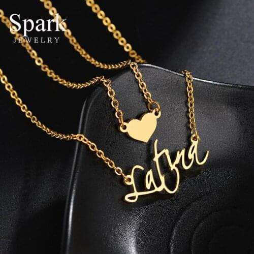 Spark Personalized Name Heart Necklace Stainless Steel Custom Name Double-layer Chain Necklaces For Women Girls Engagement Gift