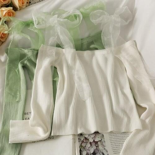 Sexy Slash Neck Drawstring Bow Design Sweater Autumn 2021 Fashion Elegant Women Tops Feminino Long Sleeve Knitted Pullover