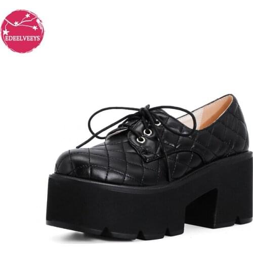 Diamond Sewing Platform Shoes Ladies PU Leather Chunky High Heel Black Beige Lolita Cosplay Costume Lace Up Pumps Spring Autumn