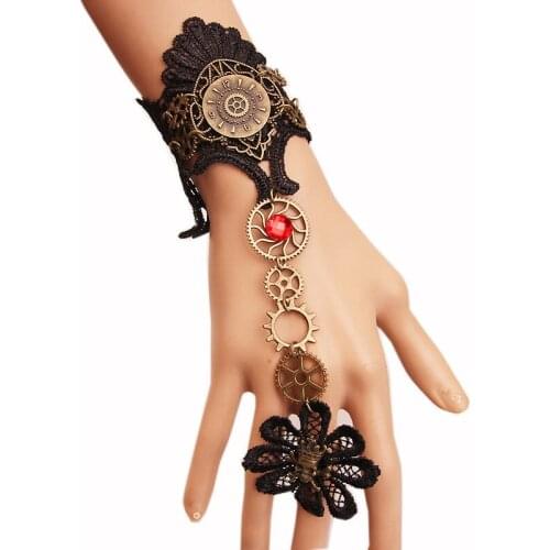 Vintage Skeleton Hollow Lace Bracelet Sexy Black Bracelets Antique Gold Color Gear Link Chains Bride Jewelry Rhinestone Bangles