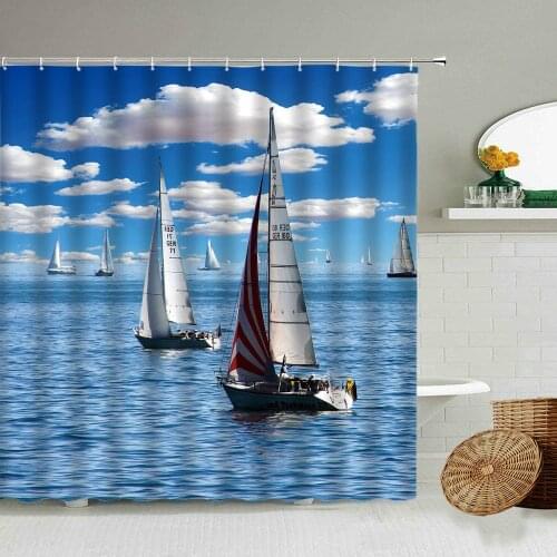 Sea Scenery Sailing Wooden Boat Shower Curtain Blue Ocean Sky Bathroom Decoration With Hook Waterproof Photography Screen Set